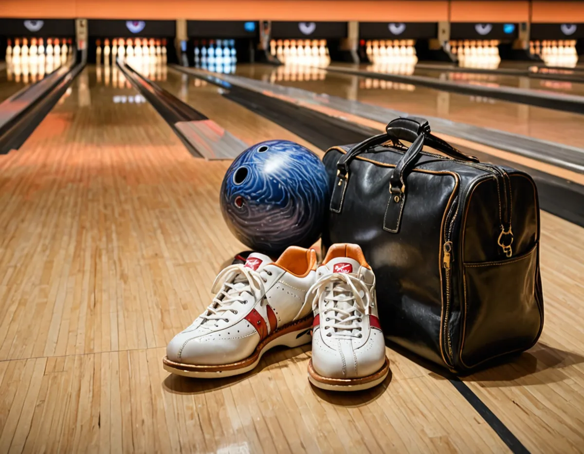 A bowling bag, ball and shoes beside the lanes