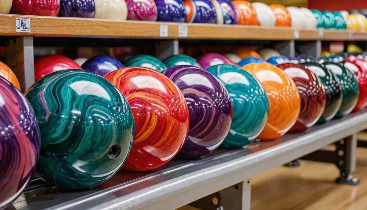 A rack of swirled bowling balls
