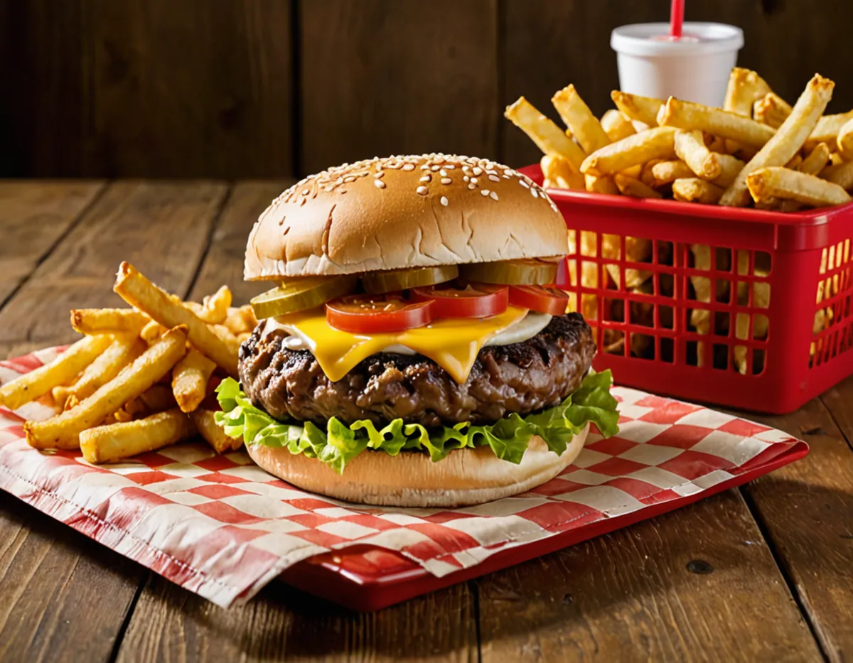 A cheeseburger and fries in a red diner basket