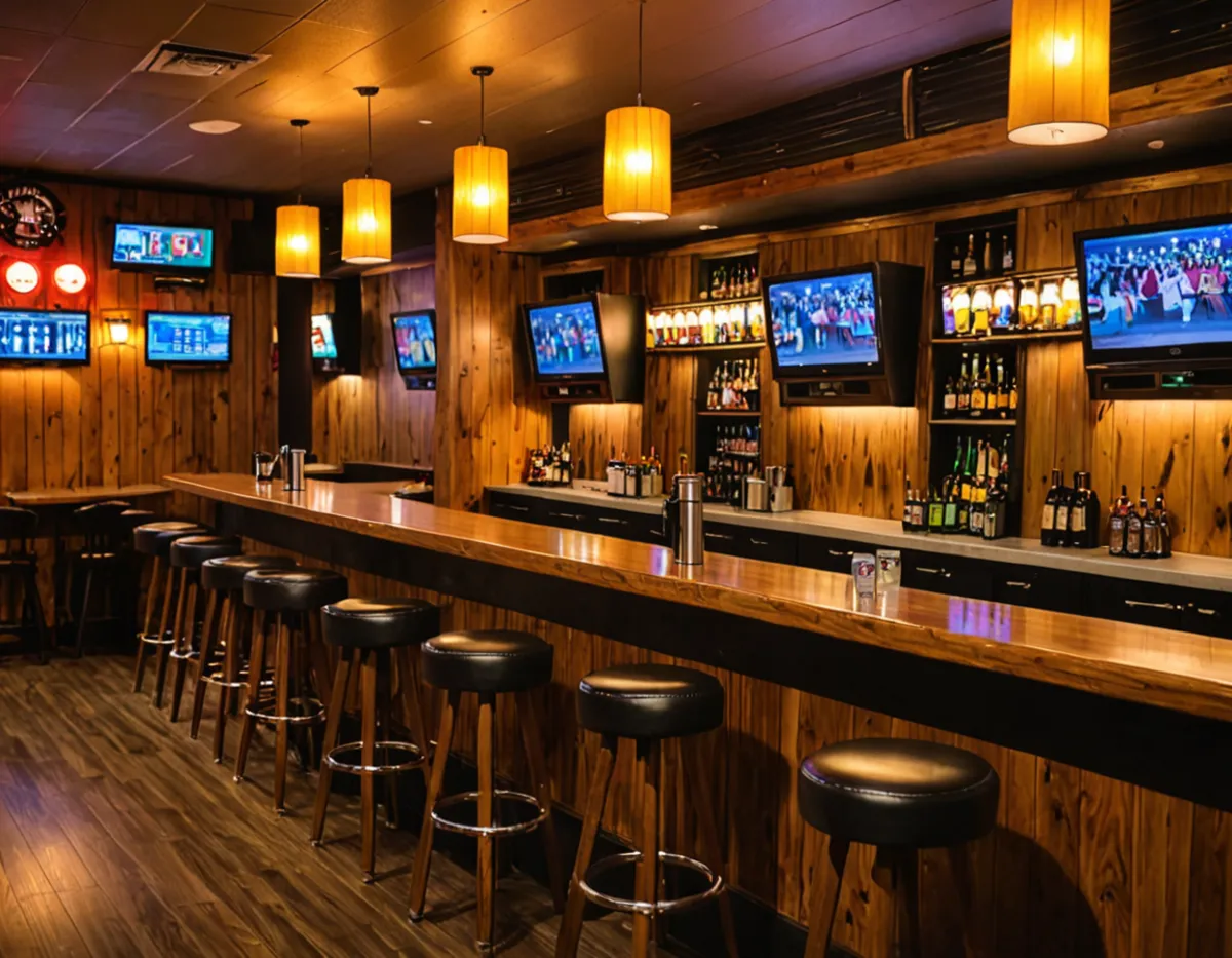 A warm wood bar with stools