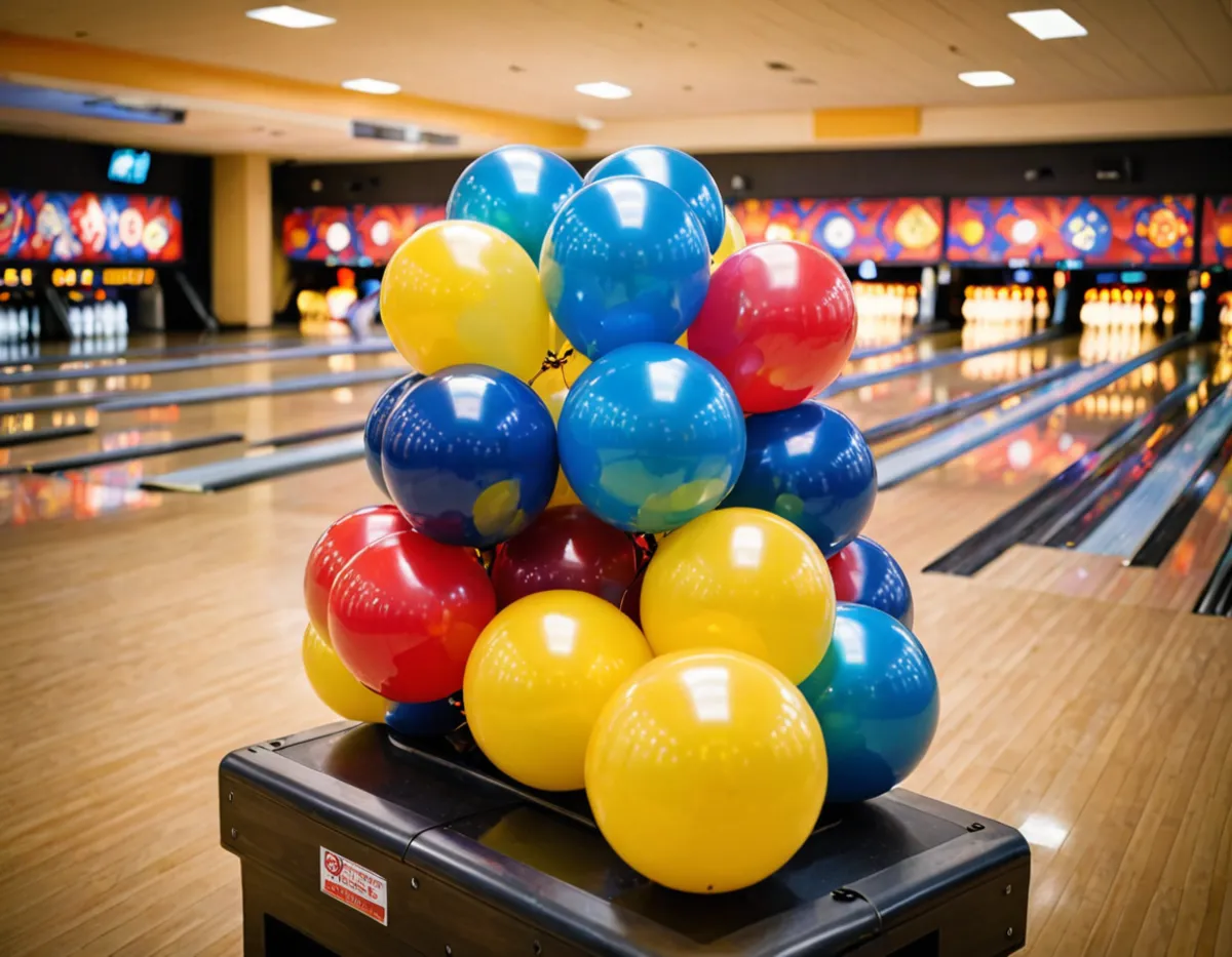 Balloons tied to a ball return beside the lanes